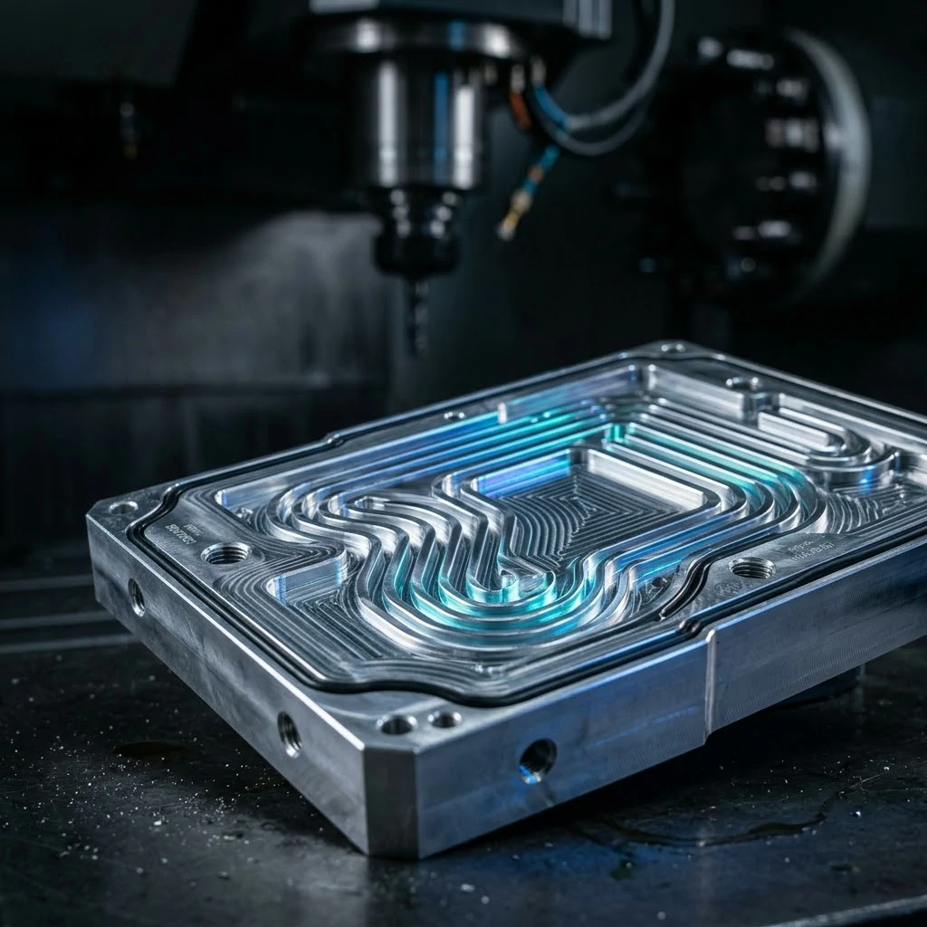 CNC machined liquid cooling plate cross-section showing internal micro-channel flow paths